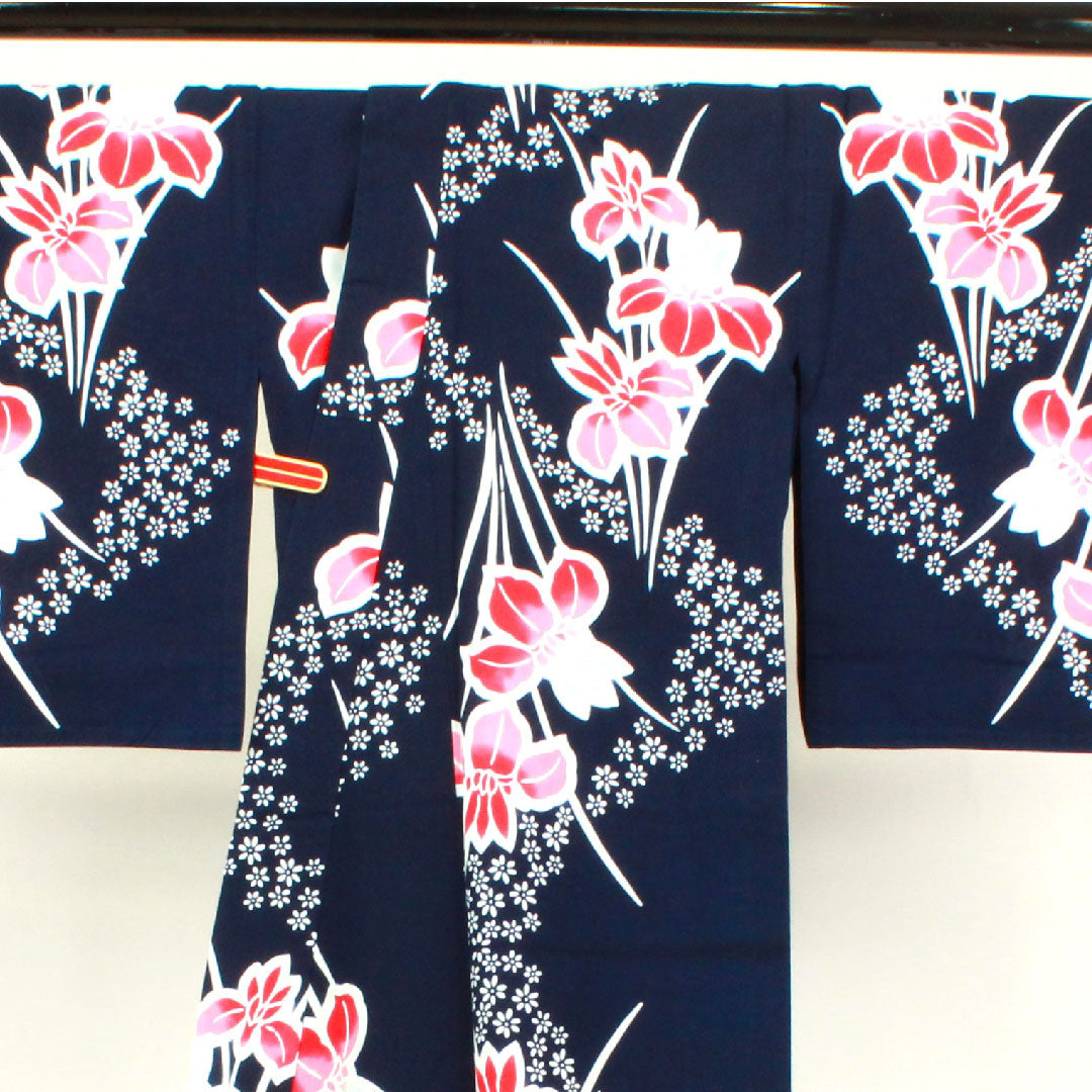 リサイクル着物】浴衣 濃紺色 菖蒲 木綿 Sランク 単衣 身丈152cm 紺系