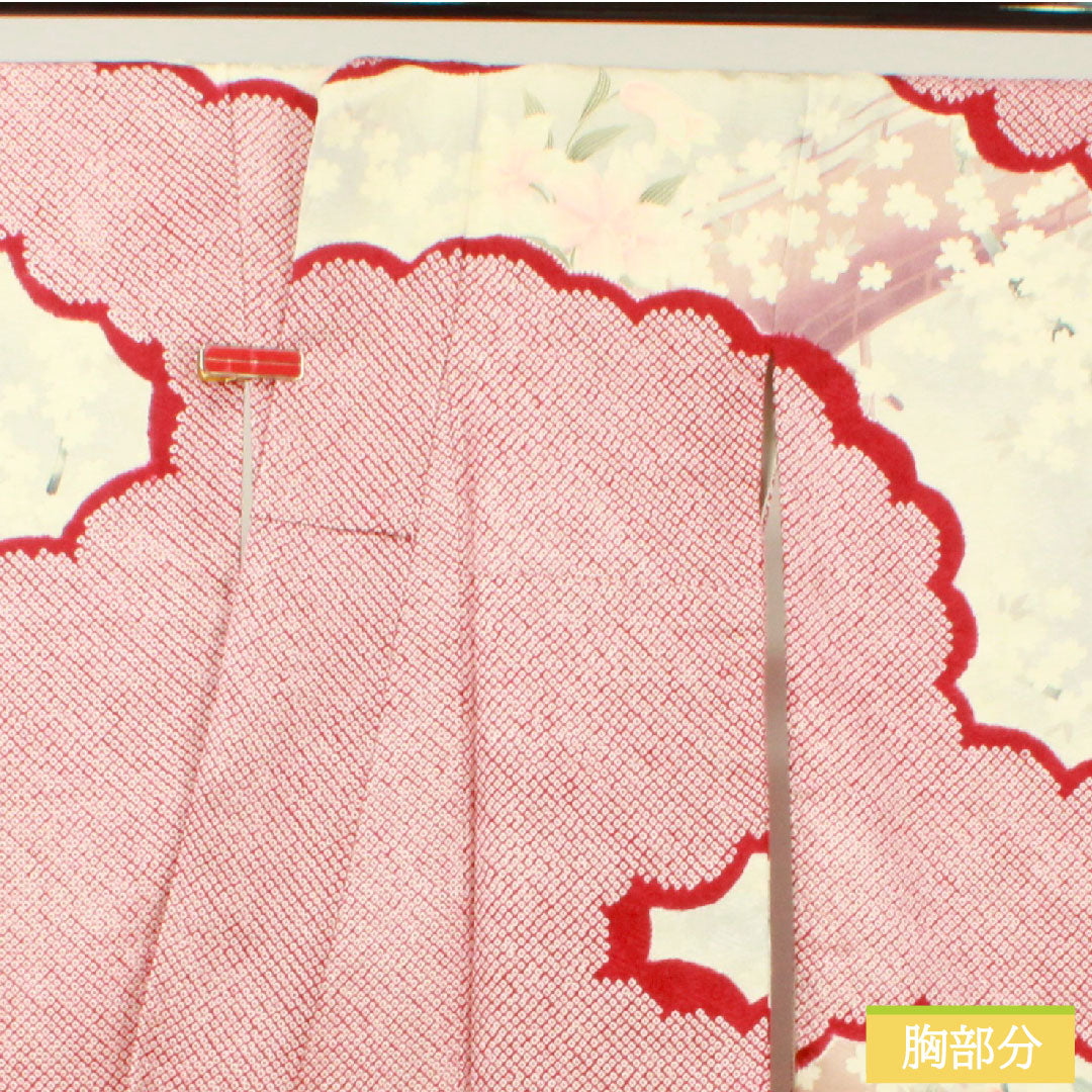 Furisode, pure silk, length 163.5cm, sleeve length 65cm, lined, crimson, Kyo-Yuzen, tie-dye, cherry blossom, rose, S rank, red, 1113001992412