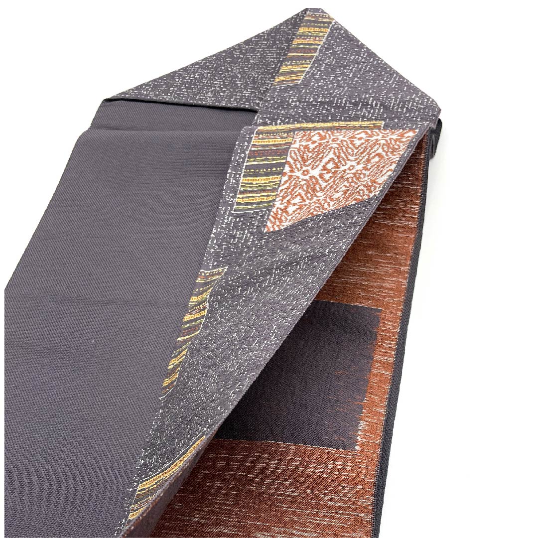 名古屋帯 藤煤竹色 抽象四角模様 帯丈367cm ポリ Sランク 六通 カジュアル グレー系 1124003782322  名古屋仕立て