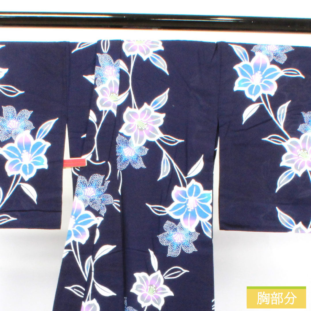浴衣 木綿 身丈153.5cm 裄丈67.5cm Sランク 単衣 紺系 濃紺色（のうこんいろ） 山茶花 1118004802218