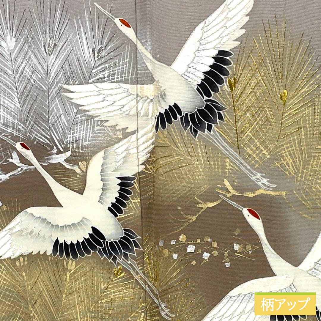色留袖 正絹 Sランク 身丈161cm 裄丈64.5cm 袷 絹鼠色（きぬねずいろ） 京友禅 鶴 松 三つ紋 笹竜胆 三つ紋 グレー系 1111002132422