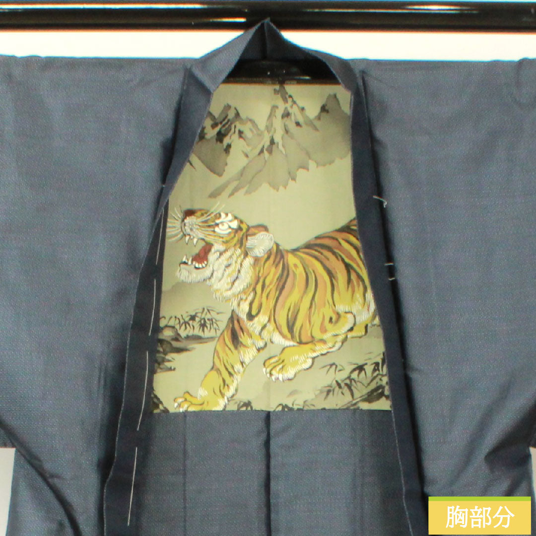 男士纯丝，长度 88.5 厘米，袖长 67 厘米，大岛紬，纬絣，羽织，附疏缝线，S 级，衬里，海军蓝，1119000882118