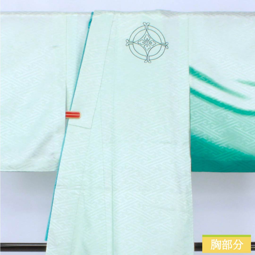 訪問着 ポリエステル Aランク 胴抜き 身丈156cm 裄丈64cm 薄水色（うすみずいろ） 半衿付き 踊り衣装 紗綾形 緑系 1112006383319