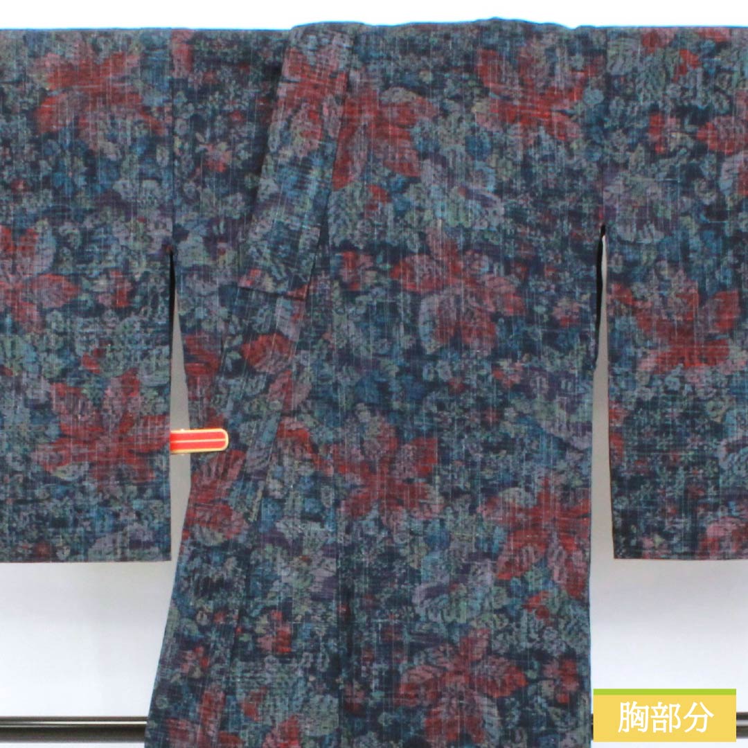 紬 正絹 Sランク 身丈159.5cm 裄丈66cm 濃紺色（のうこんいろ） 草花模様 単衣 紺系 1116005152318