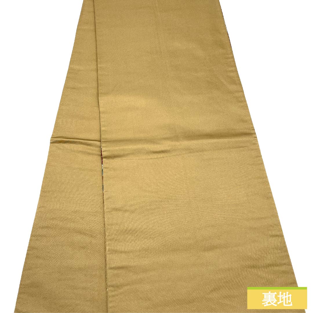 袋帯 正絹 山吹鼠色（やまぶきねずいろ） 紅葉 白綾苑大庭 古典柄 花柄 帯丈433cm Sランク 六通 フォーマル ベージュ系 1123011322325