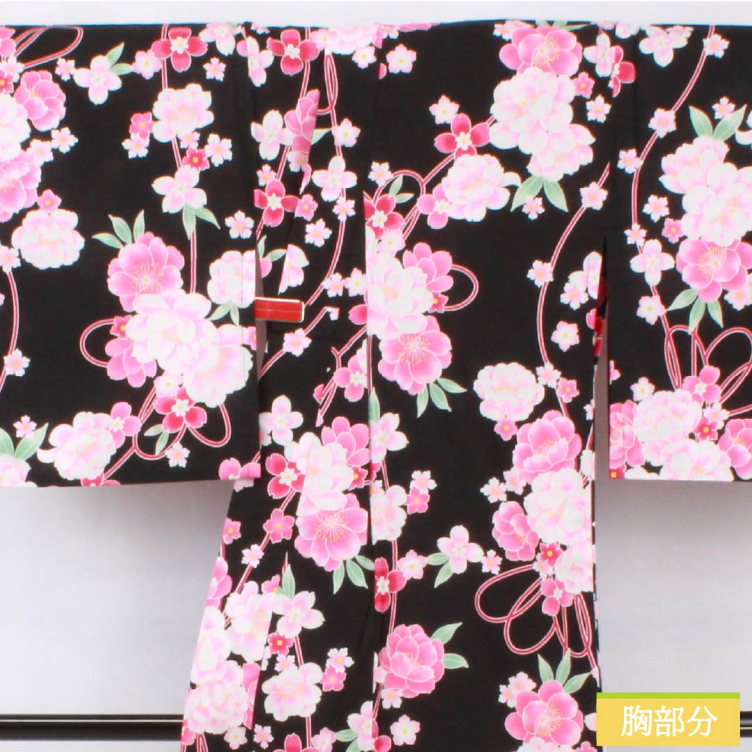 浴衣 木綿 身丈151cm 裄丈62cm Aランク 単衣 黒系 山茶花 1118005963210
