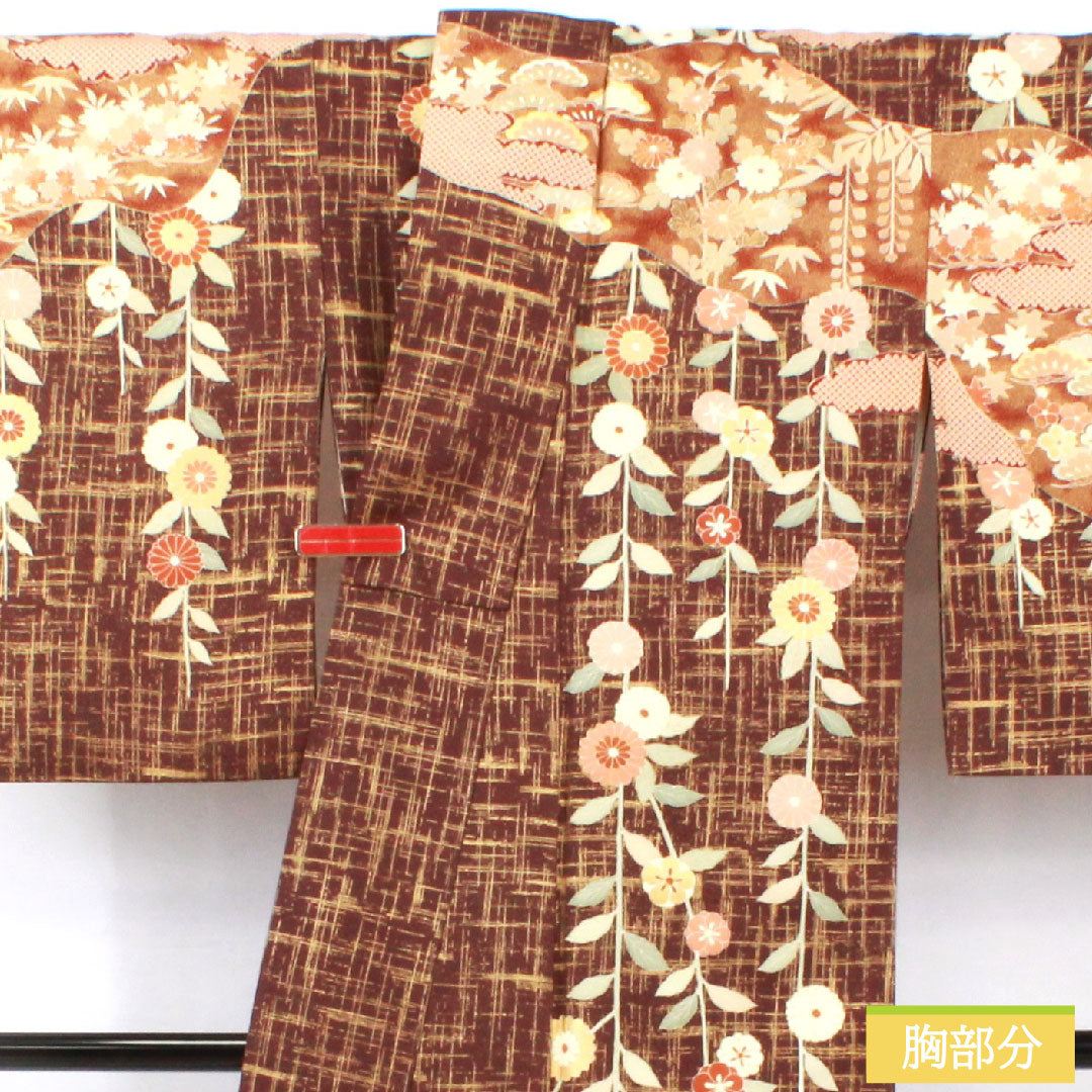 Homongi, pure silk, lined, length 170.5cm, sleeve length 63.5cm, black and red plum color, Kyoto Yuzen, pine, bamboo, plum, chrysanthemum, S rank, brown, 1112004982614