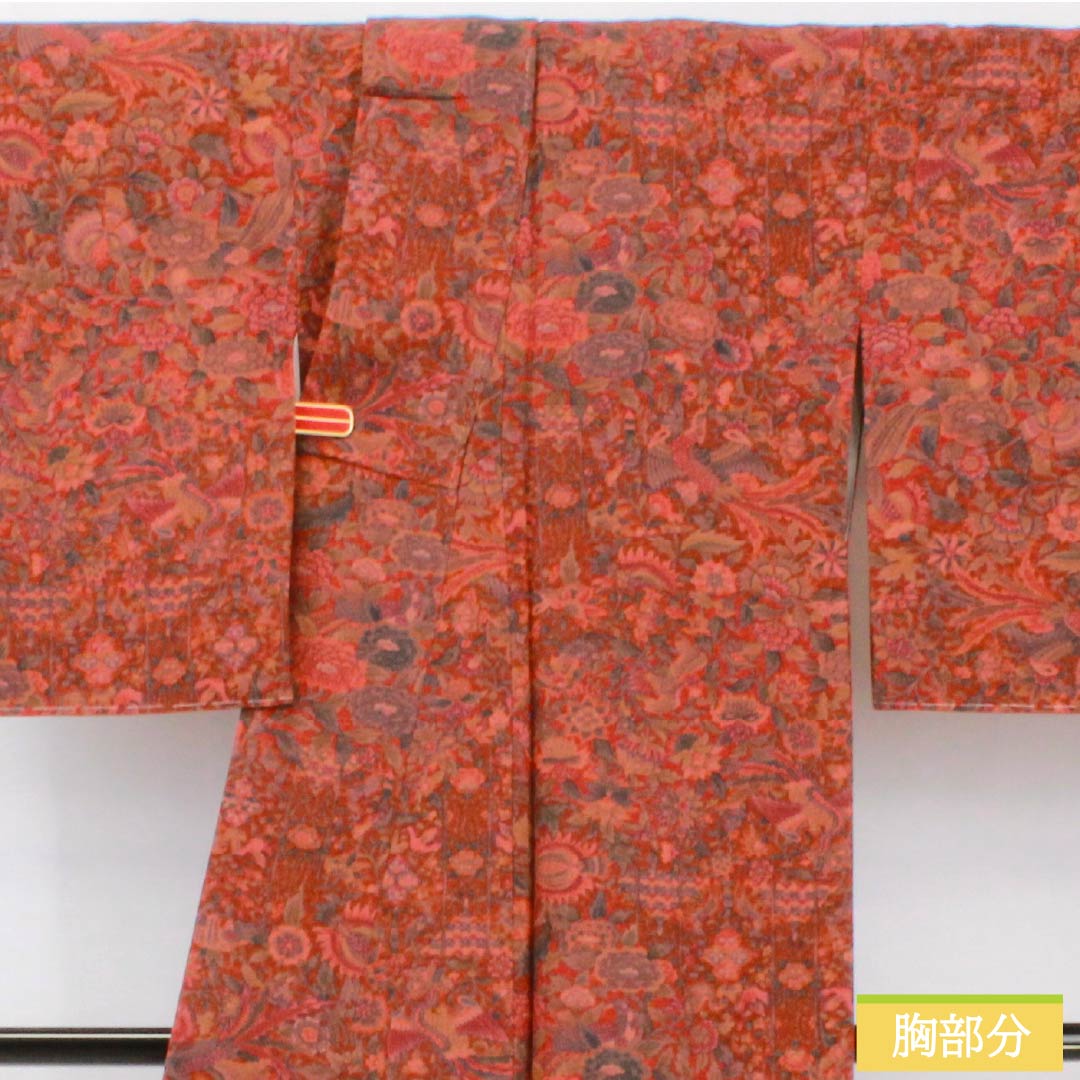 小紋 正絹 身丈159.5cm 裄丈64cm 袷 猩々茶色（しょうじょうちゃいろ） 型染 更紗模様 しつけ糸付き Sランク 茶系 1115005012314