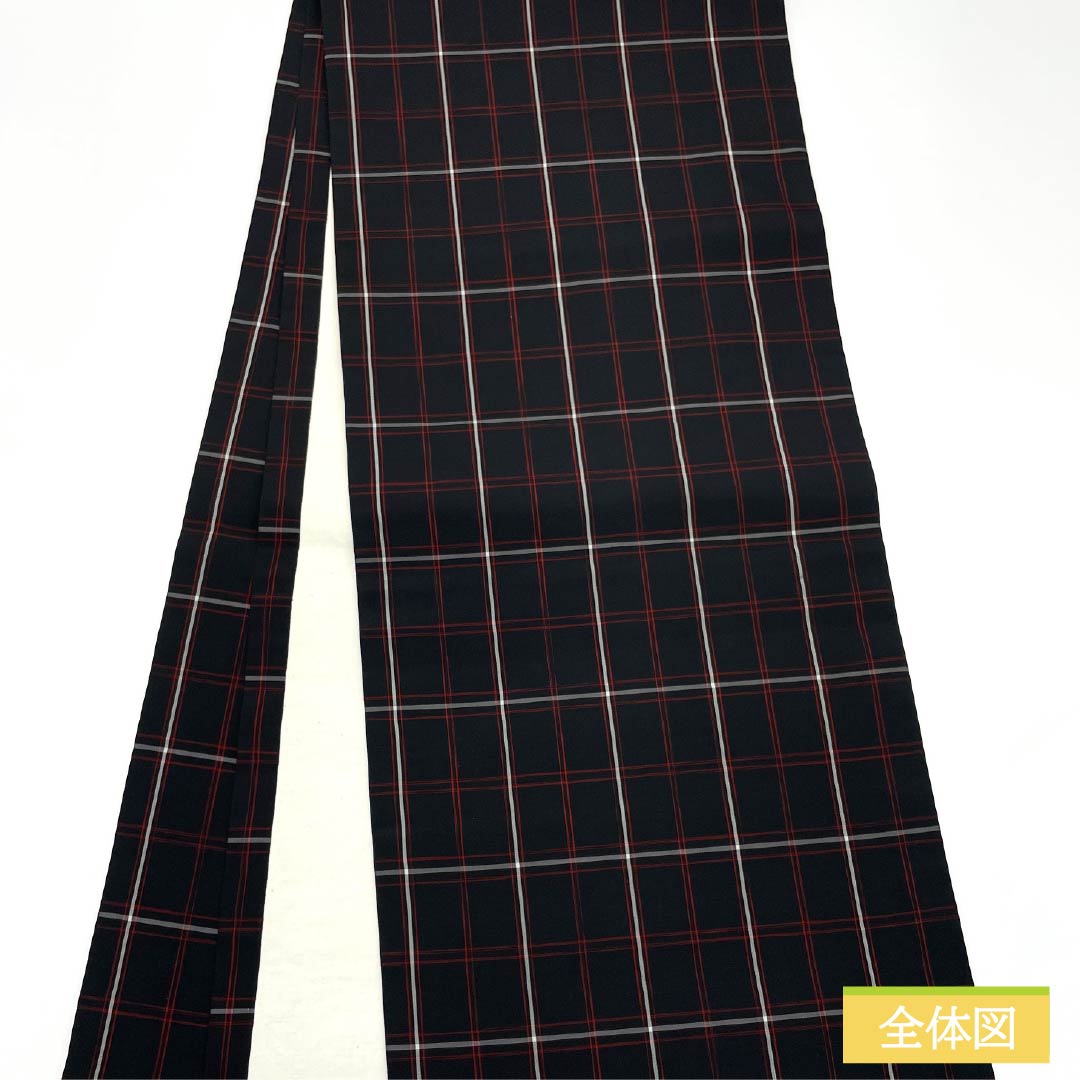 Nagoya Obi, Pure Silk, Grade B, Plaid Check Pattern, 380cm Long, Full Length, Casual, Black, 1124010624410, Open-Leg Style