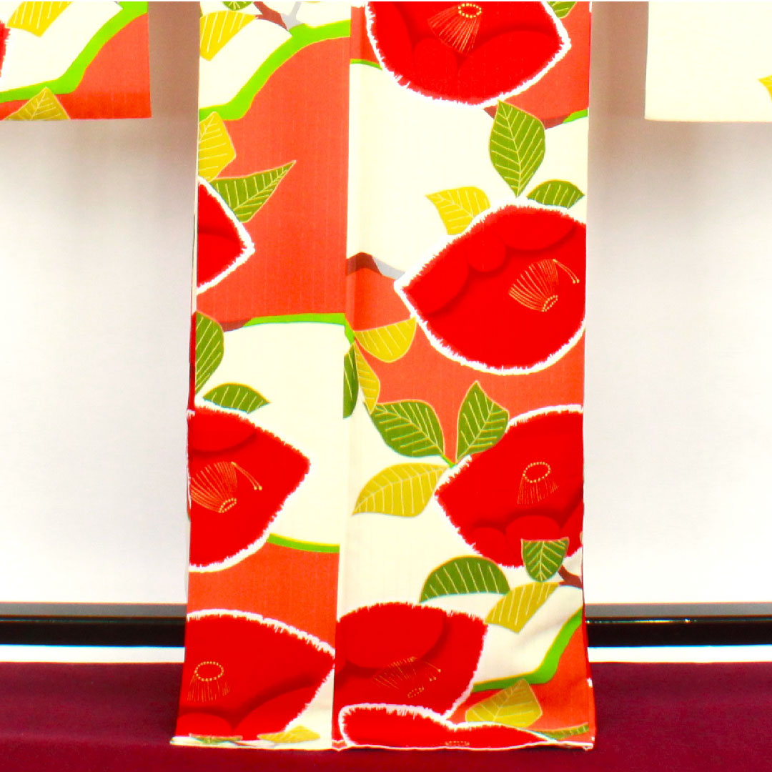 振袖 身丈170cm 裄丈65.5cm 袷  生成り色 洗える着物 椿  ポリ Aランク 白系 1113001413611