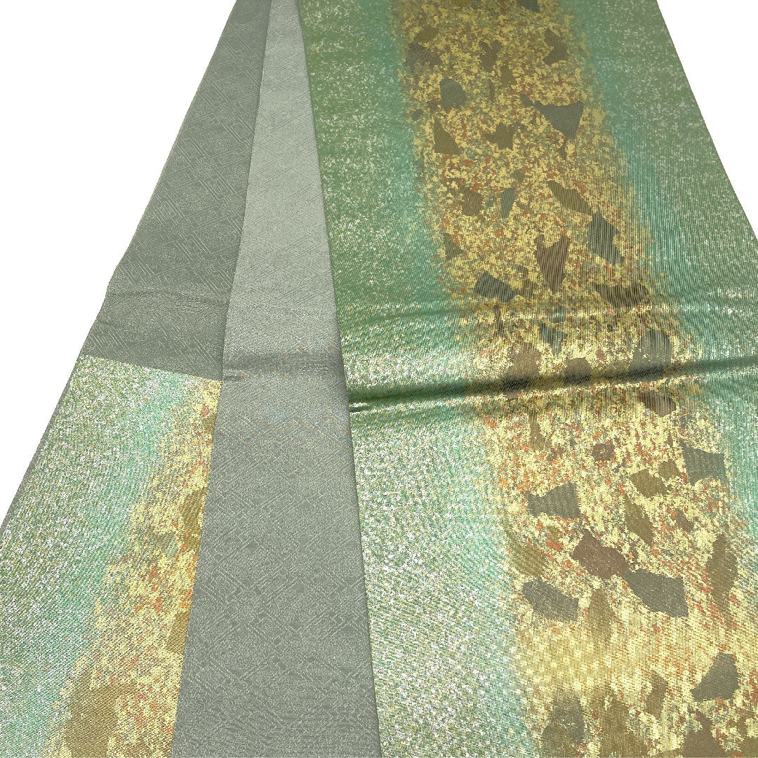 袋帯 引箔 抽象模様 帯丈442cm 正絹 Aランク 六通 セミフォーマル 緑系 1123004663319