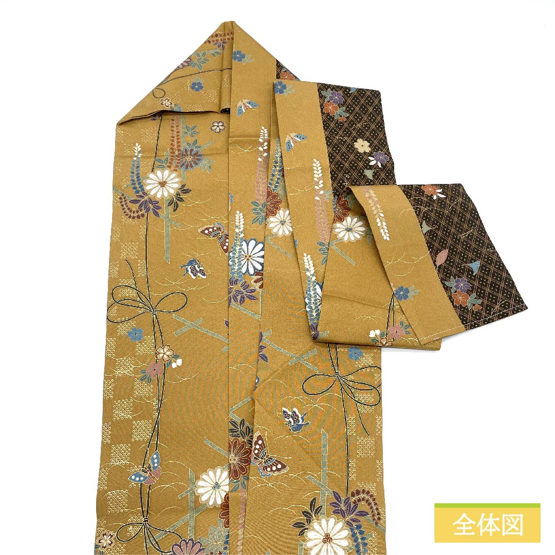 名古屋帯 山吹鼠色（やまぶきねずいろ） 菊 藤の花 蝶 帯丈372cm 正絹 Sランク 全通 セミフォーマル ベージュ系 1124006522325 名古屋仕立て