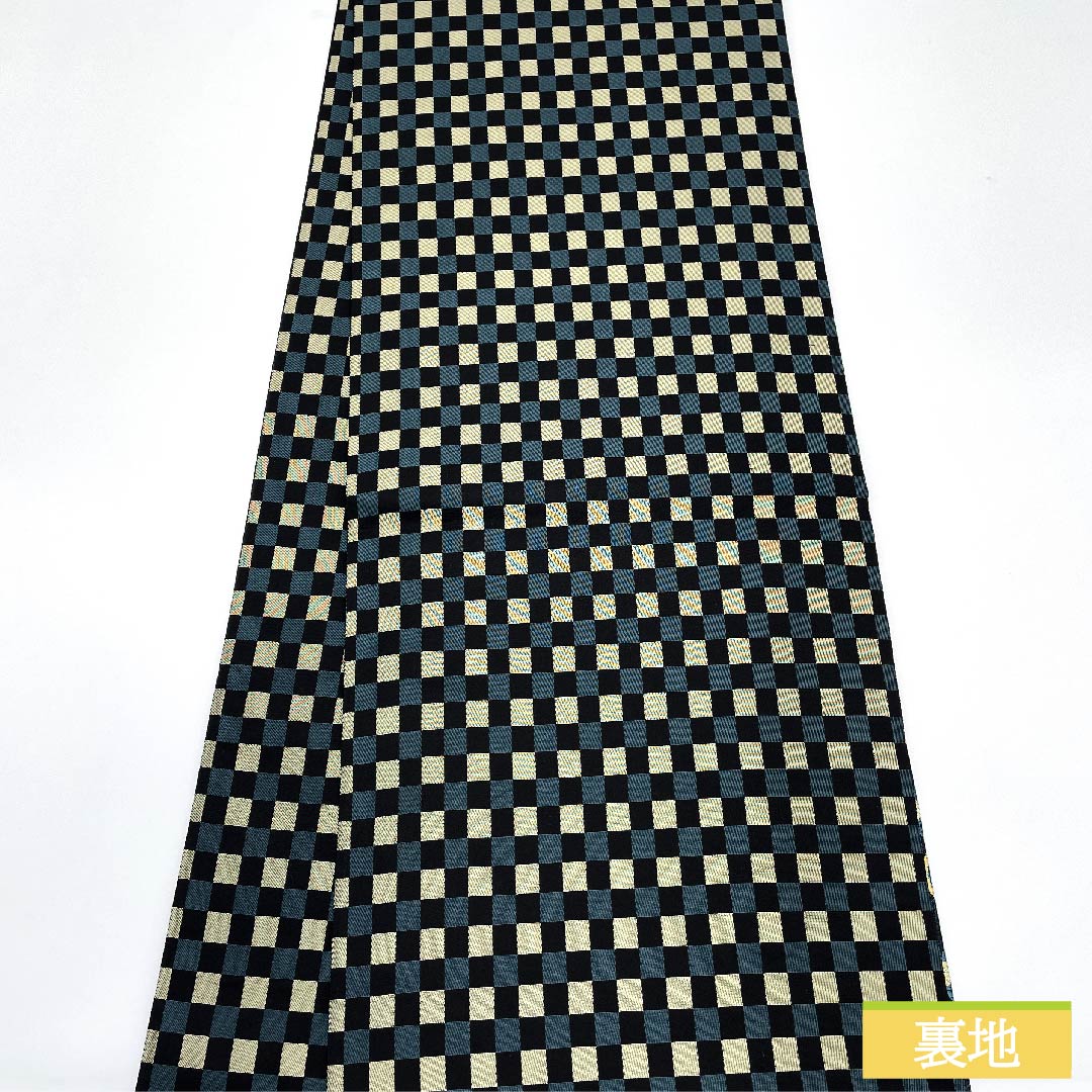 袋帯 正絹 納戸色（なんどいろ） 繭姫 ねじり梅 市松 帯丈448cm Sランク 六通 フォーマル 黒系 1123011692310