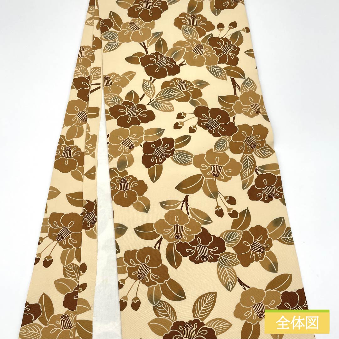 名古屋帯 正絹 Bランク 東京白茶色（とうきょうしらちゃいろ） 塩瀬 椿 京紅型 帯丈368cm 全通 カジュアル クリーム系 1124009224315 開き仕立て