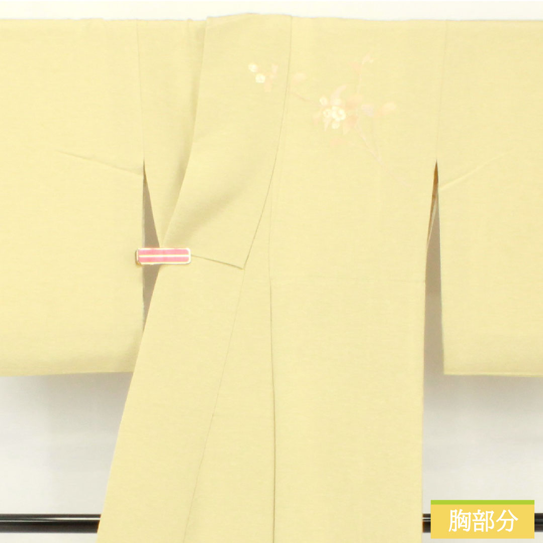 訪問着 正絹 袷 身丈151cm 裄丈61cm 硫黄色）いおういろ） 京友禅 草花模様 一つ紋 三ツ割藤 Aランク 緑系 1112005593219