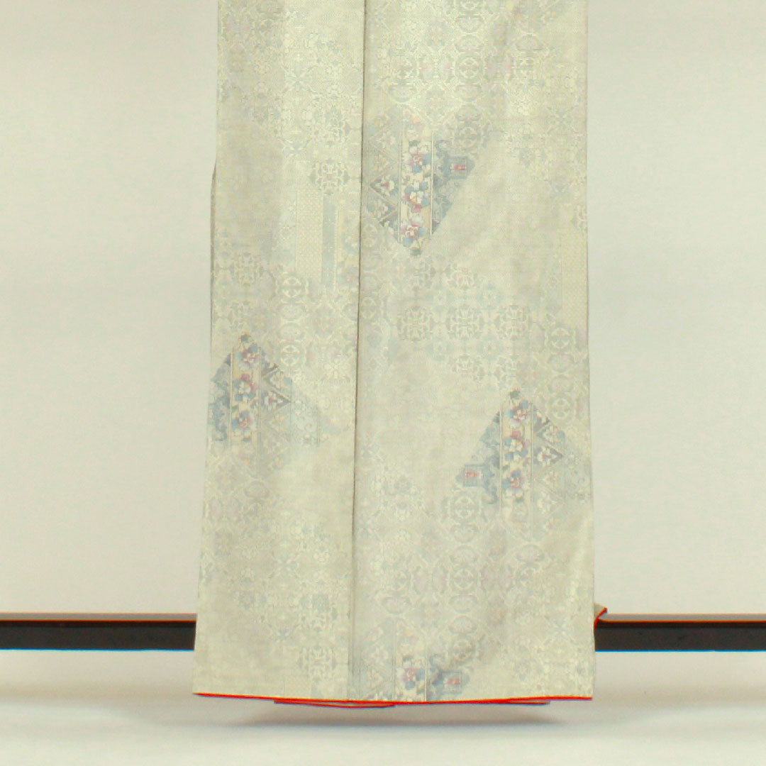 白大島紬 身丈163cm 裄丈66cm 花更紗模様 7マルキ 正絹 Aランク 袷 白系 1116000573311