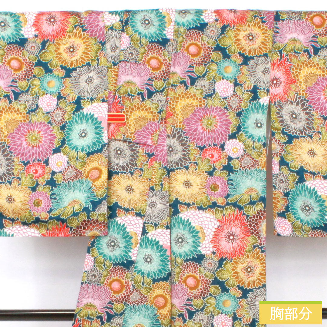 小紋 ポリエステル 身丈161.5cm 裄丈62cm 袷 青藍色（せいらんいろ） 洗える着物 菊 しつけ糸付き Sランク 紺系 1115004522418