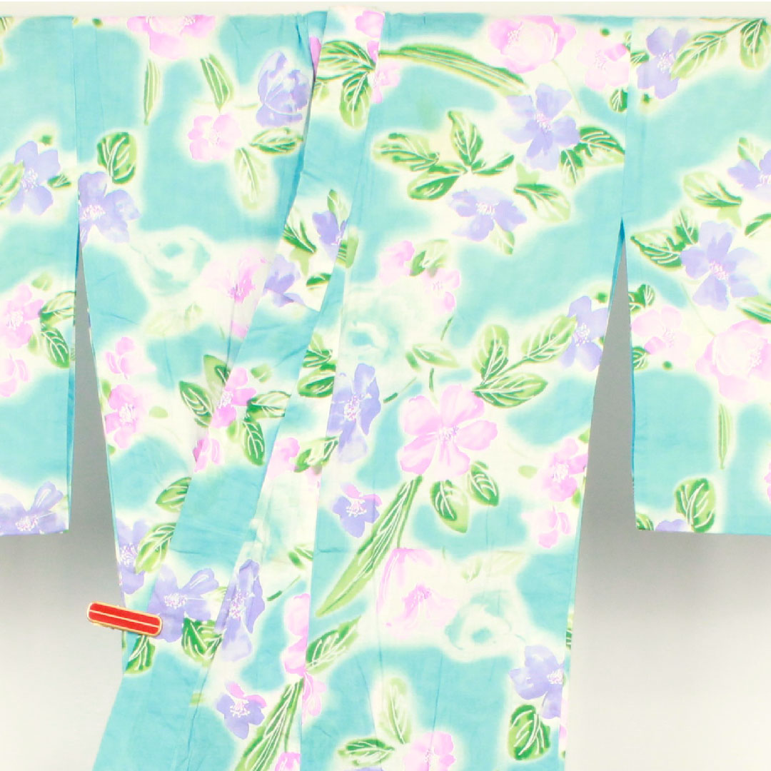 浴衣 浅縹色 花模様 木綿 Aランク 単衣 身丈166.5cm 裄丈64cm 青系 1118001083517