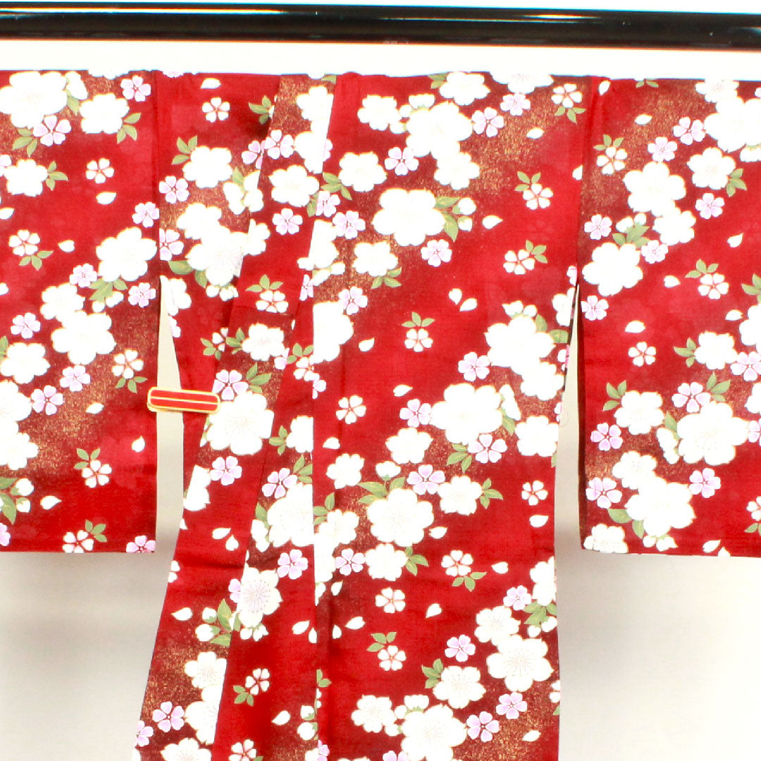 浴衣 深緋色 桜 木綿 Sランク 単衣 身丈165.5cm 裄丈68.5cm 赤系 1118003582512
