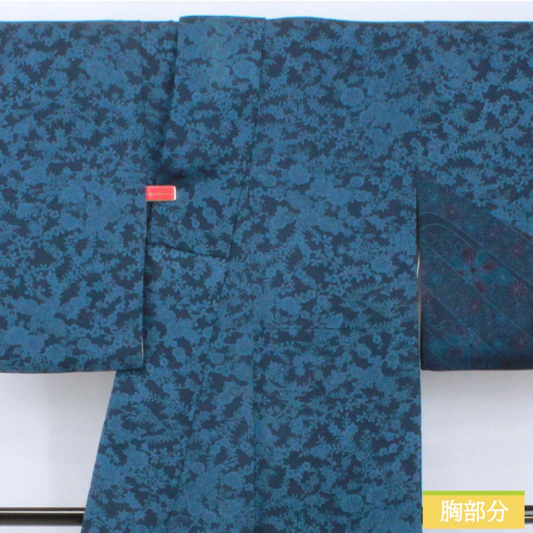 Homongi (formal kimono) made of pure silk, length 159cm, sleeve length 62cm, lined, dark navy blue, stencil-dyed, all-flower pattern, A rank, navy blue, 1115005403318