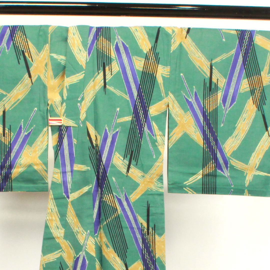 浴衣 萌葱色 幾何学模様 木綿 Aランク 単衣 身丈162cm 裄丈64.5cm 緑系 1118003963419