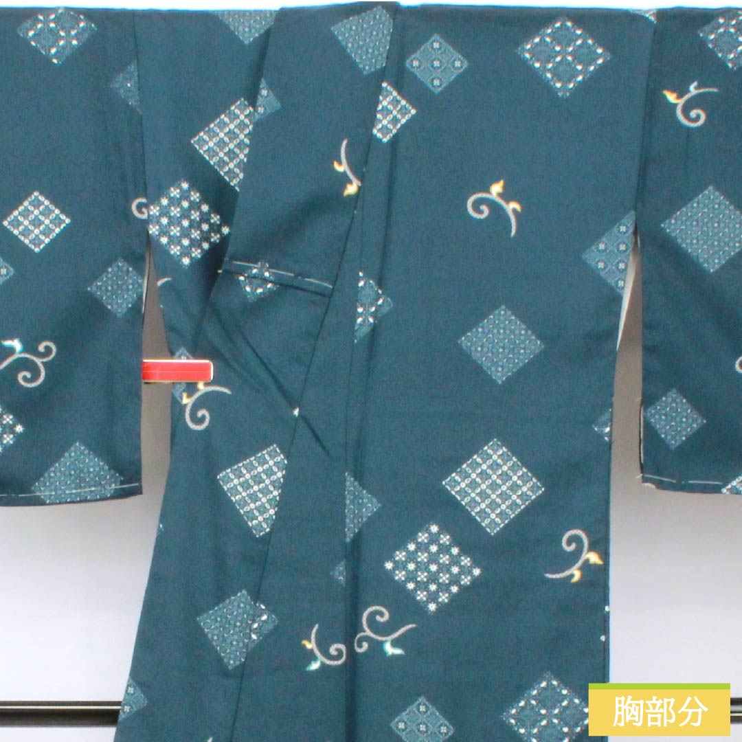 小紋 ポリエステル 身丈167.5cm 裄丈66cm 袷 深藍色（ふかあいいろ） 抽象模様 洗える着物 しつけ糸付き Sランク 紺系 1115006012518