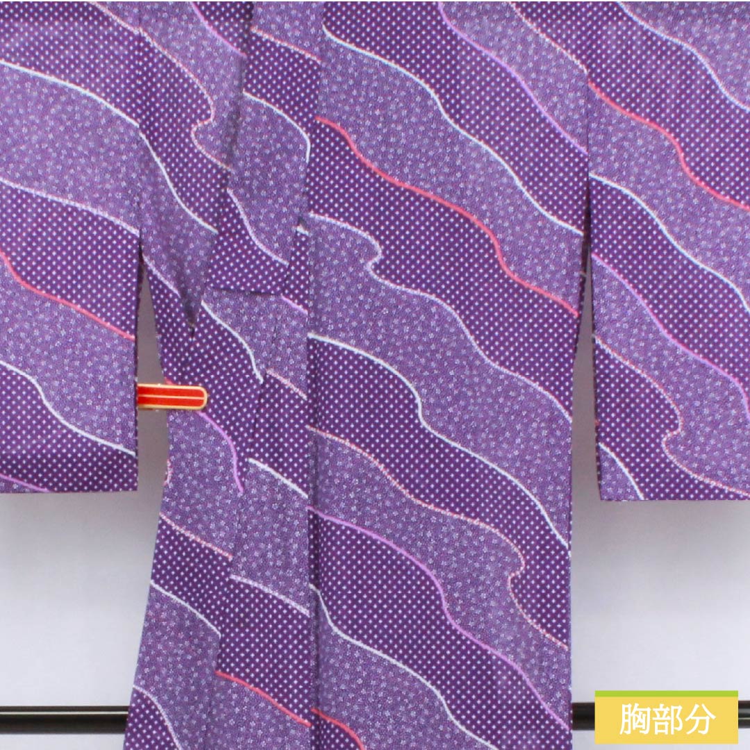 夏物 ポリエステル 小紋 身丈167.5cm 裄丈68.5cm 紫色（むらさきいろ） 小花模様 道長取り 洗える着物 絽 Sランク 紫系 1132002522520