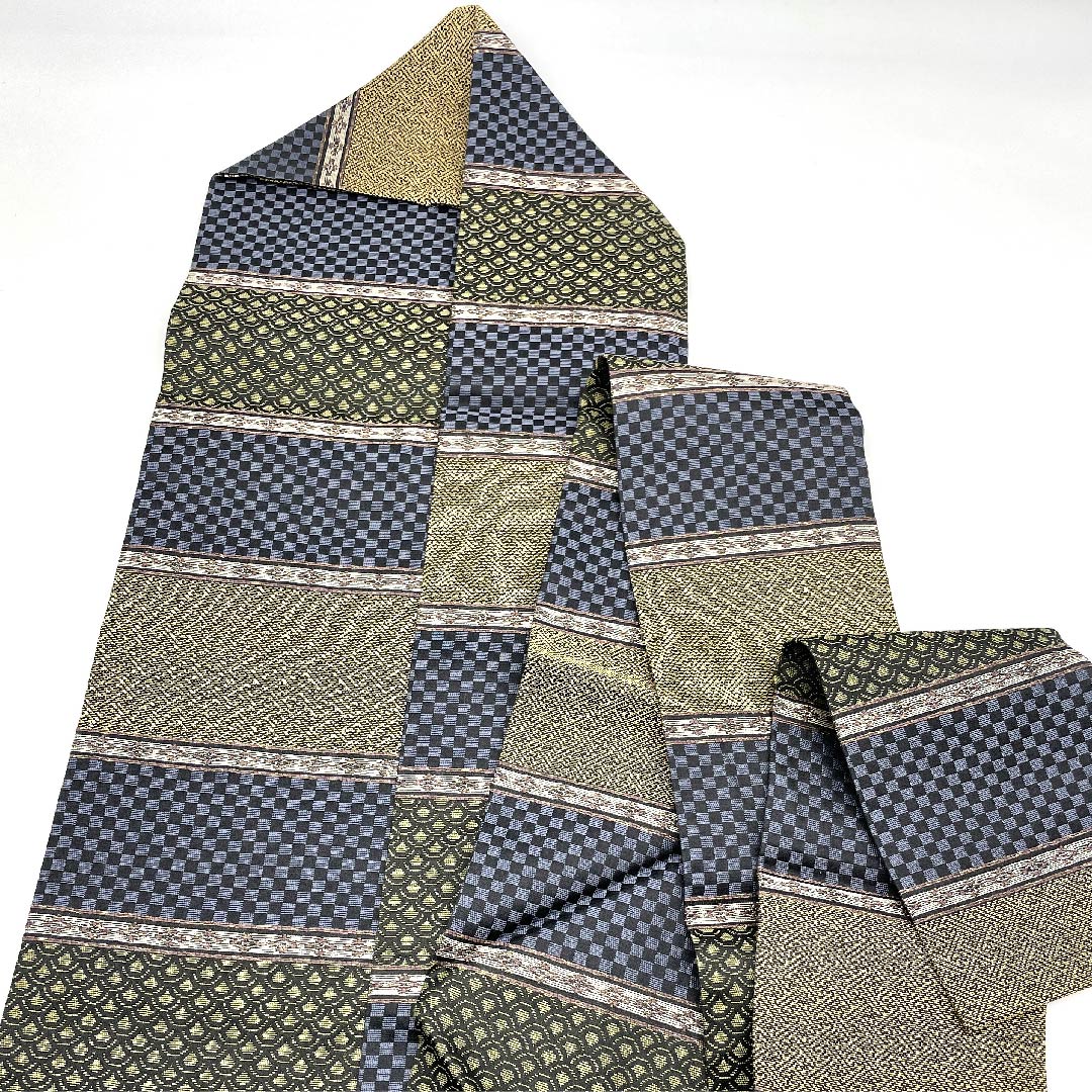 名古屋帯 グラデーション 市松 青海波 紗綾形 横段 帯丈375.5cm 正絹 Sランク 全通 カジュアル グラデ 1124003192399  名古屋仕立て