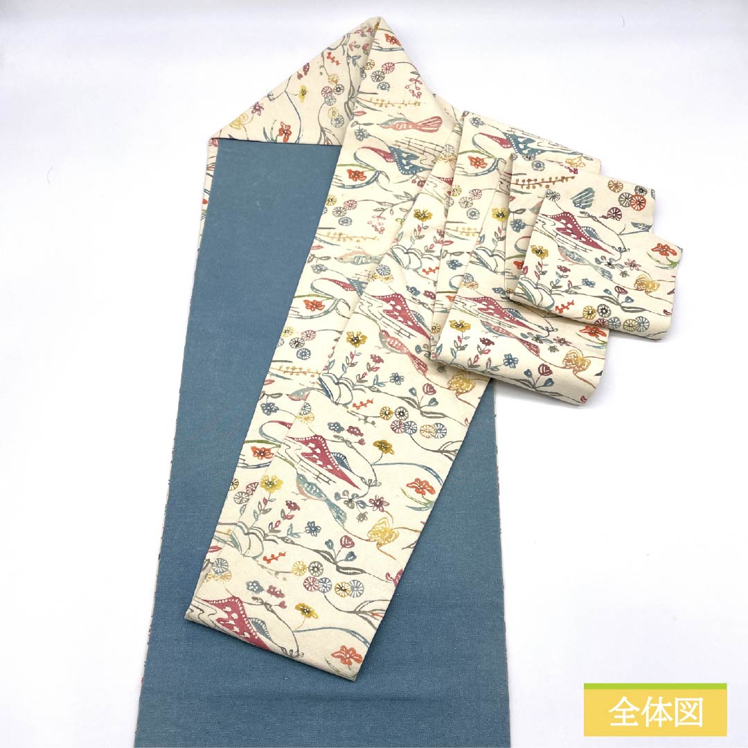Nagoya Obi, Pure Silk, Grade A, Off-White, Kyoto Bingata Floral Pattern, Toyama, 340cm Long, Full Length, Casual, Cream, Product Number: 1124009233315, Nagoya Style