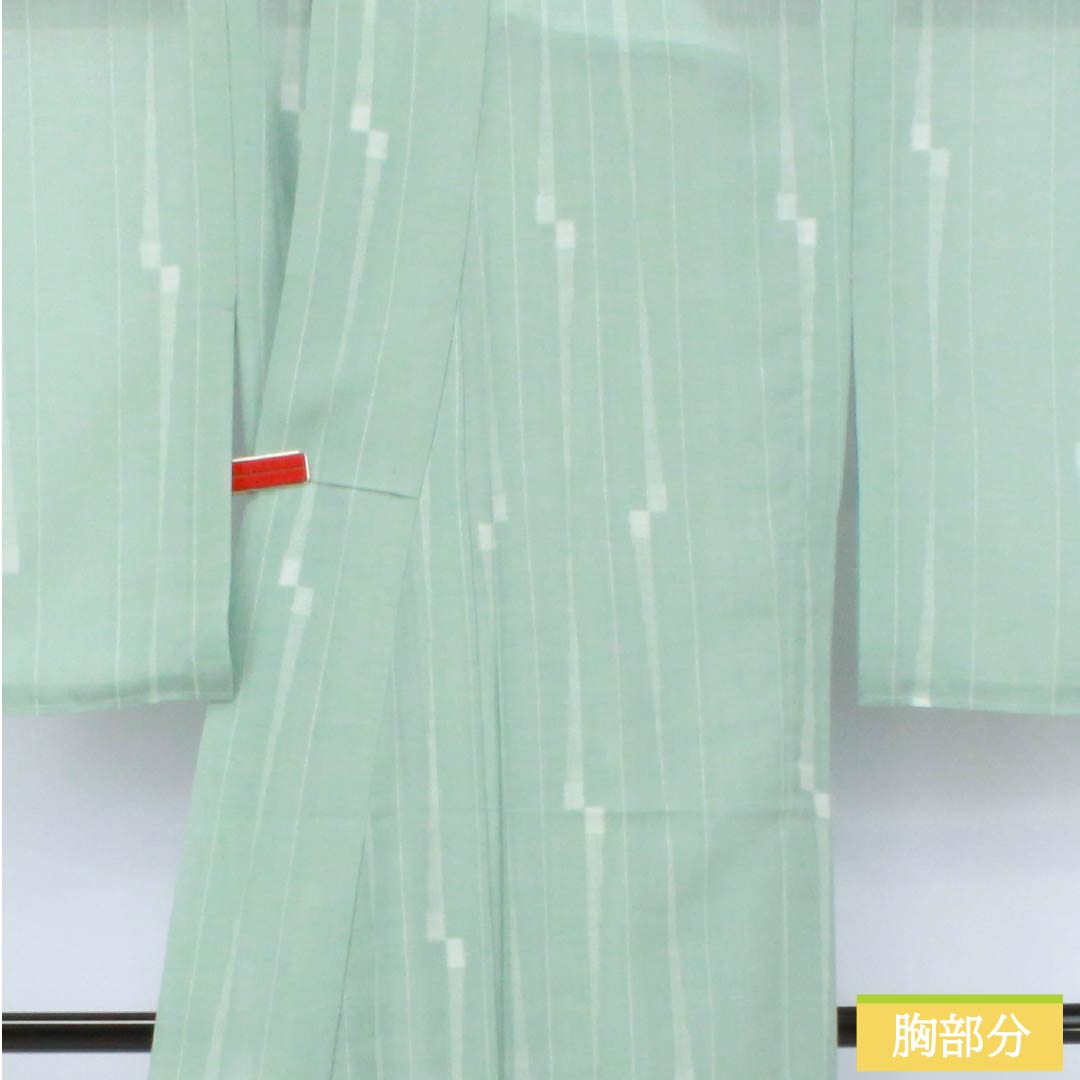夏物 ポリエステル 小紋 身丈163cm 裄丈65cm 薄水色（うすみずいろ） 縞 洗える着物 紗 Sランク 緑系 1132002662419