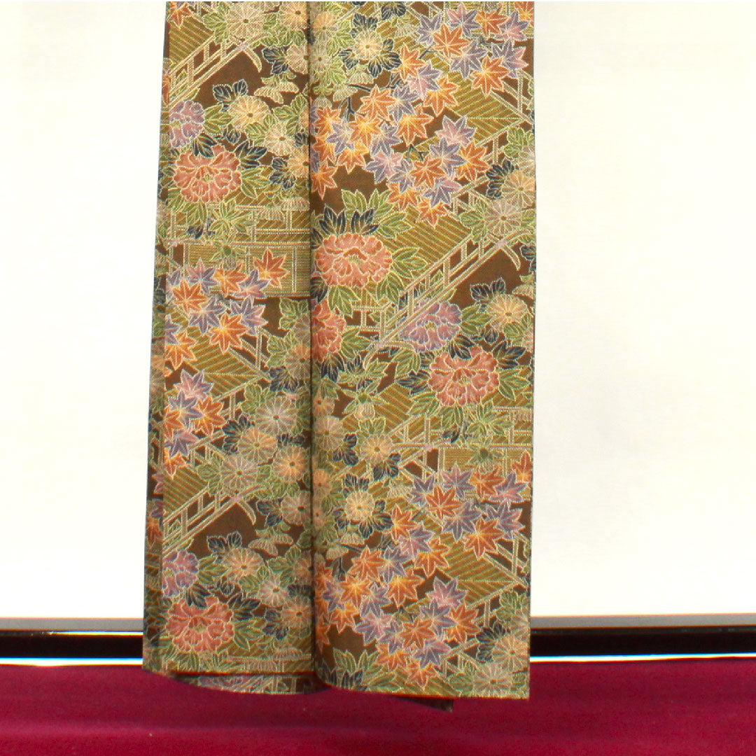 小紋 身丈158.5cm 裄丈64cm 袷  苦色 草花模様  正絹 Aランク 茶系 1115002723314