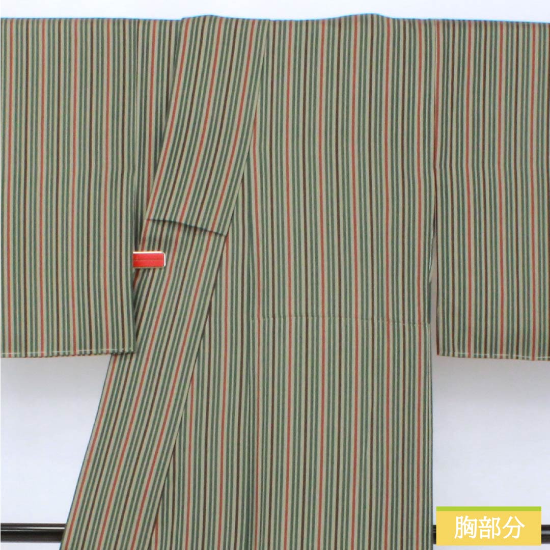 小紋 正絹 Sランク 身丈152cm 裄丈64.5cm 袷 利休鼠色（りきゅうねずみいろ） 縞 しつけ糸付き 緑系 1115007682219
