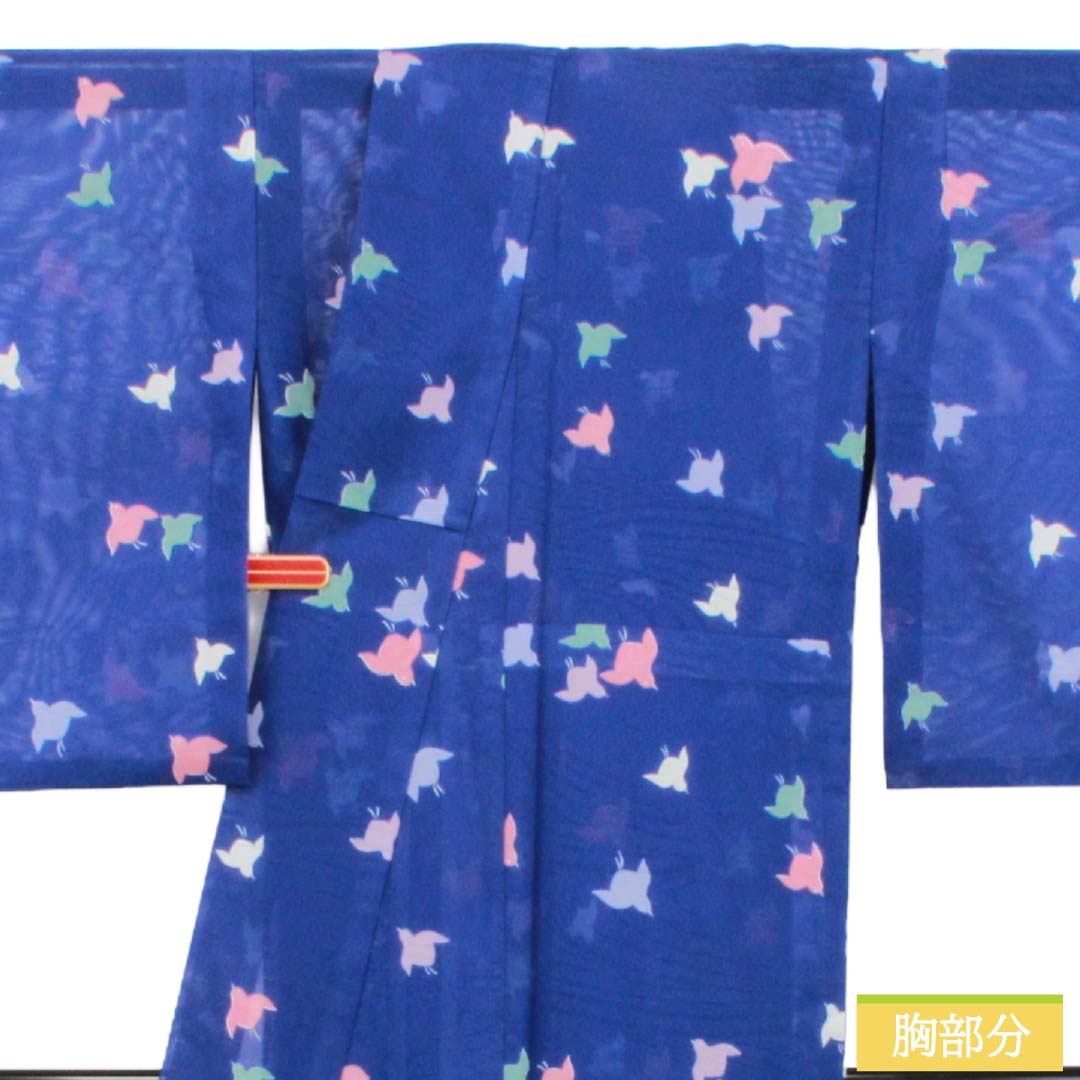 夏物 ポリエステル 小紋 Sランク 身丈160cm 裄丈64cm 桔梗色（ききょういろ） 千鳥 洗える着物 絽 紺系 1132005182418