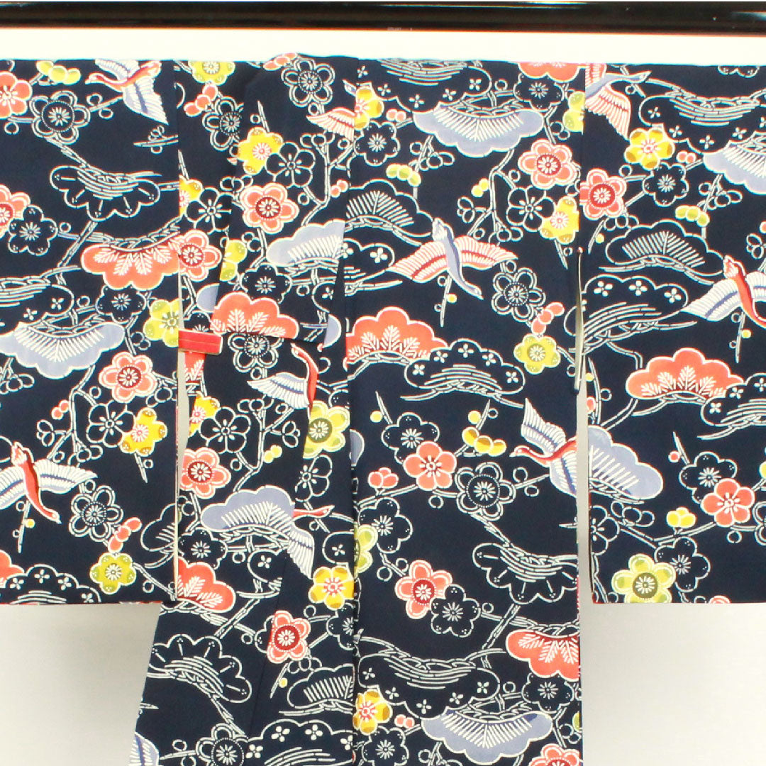 小紋 身丈158cm 裄丈63.5cm 袷  濃紺色 京紅型 松 梅  正絹 Aランク 紺系 1115003433318