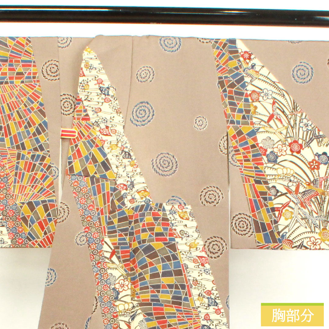 小紋 正絹 身丈154.5cm 裄丈64cm 袷  壁鼠色 京紅型 抽象模様   Aランク グレー系 1115003513222