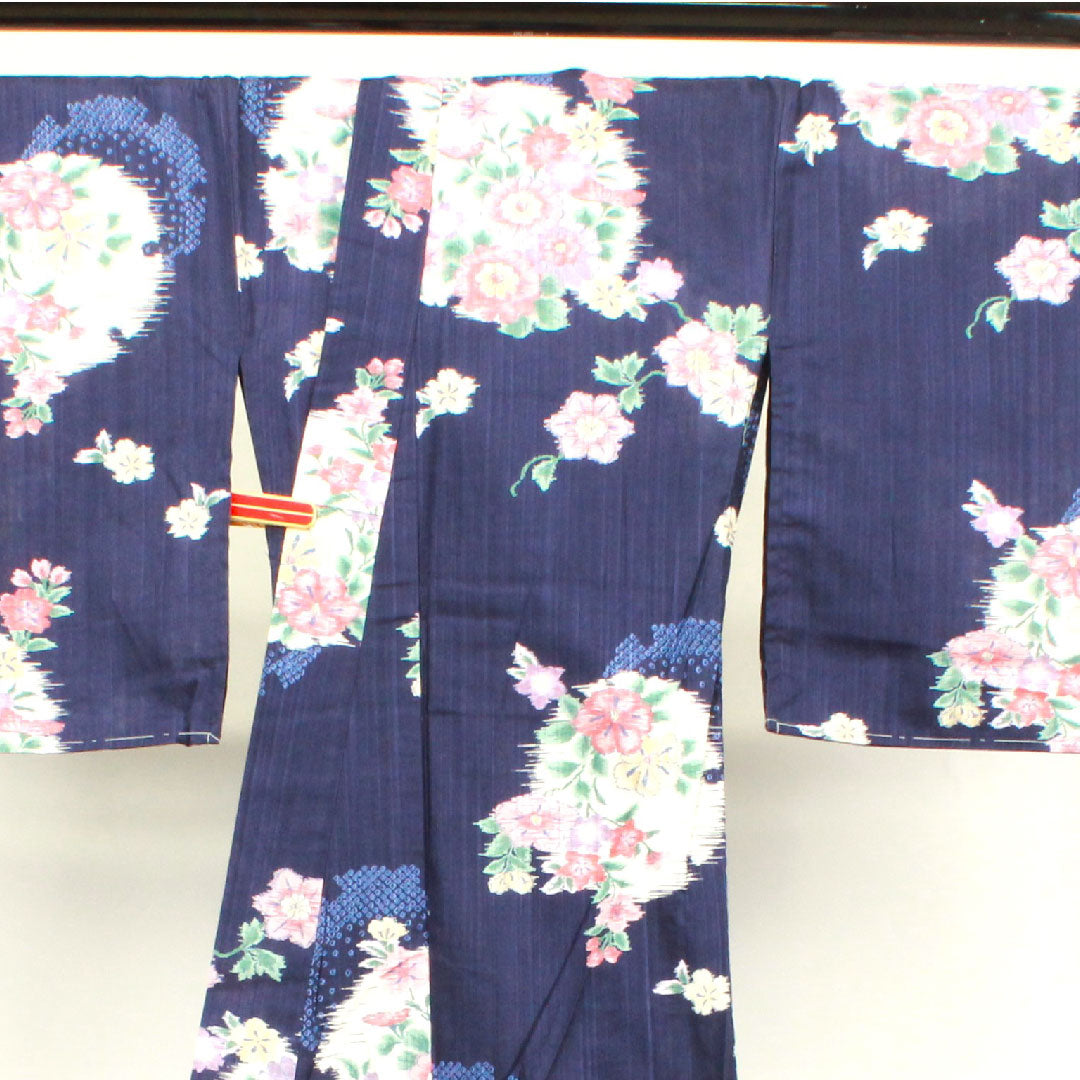 浴衣 しつけ糸付き 未使用品 紺色 雪輪 草花模様 木綿 Sランク 単衣 身丈171cm 裄丈65.5cm 紺系 1118002072618