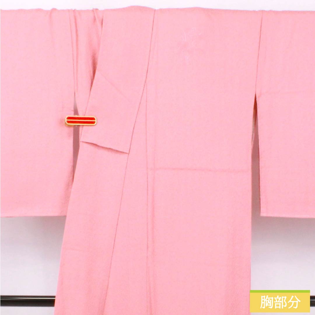 Solid color kimono (iromuji) made of pure silk, S rank, length 168cm, sleeve length 70cm, pink (momoiro) color, plain tsukesage (tsukesage) with Shantou embroidery and mirror pattern, lined, pink, product number 1114002412513