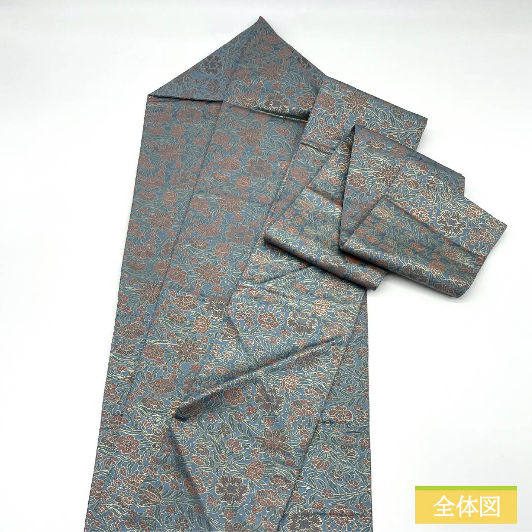 Nagoya Obi, Rust-Light Blue (Sabi Asagiiro) with Floral Pattern, 362cm Long, Pure Silk, S-Rank, Full Length, Semi-Formal, Light Blue, Item Number: 1124008842324, Nagoya Style