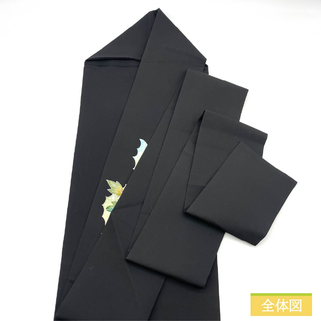 名古屋帯 正絹 Bランク 塩瀬 染め帯 草花模様 帯丈388cm ポイント柄 カジュアル 黒系 1124009824410 名古屋仕立て