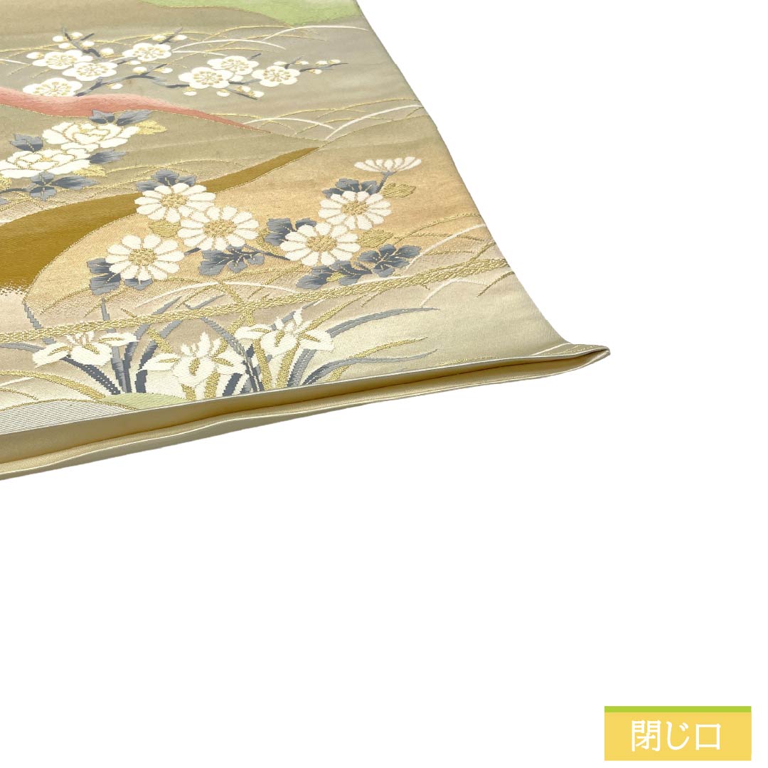 袋帯 正絹 Aランク 銀色（ぎんいろ） 遠山 草花   帯丈416cm 六通 フォーマル 銀系 1123018623322