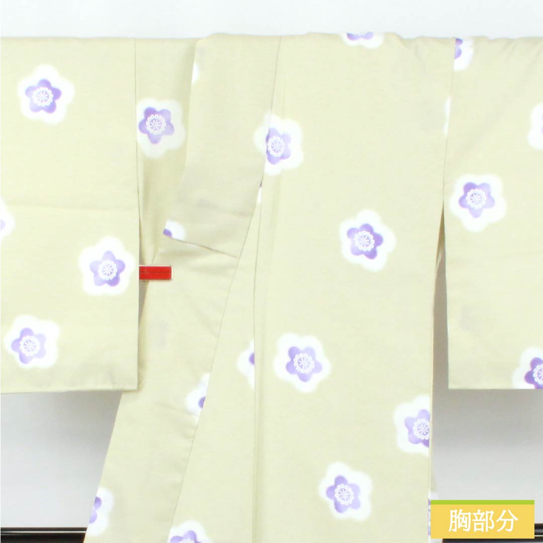 小紋 ポリエステル Aランク 身丈165cm 裄丈66cm 袷 硫黄色（いおういろ） 花 しつけ糸付き 洗える着物 緑系 1115007023519
