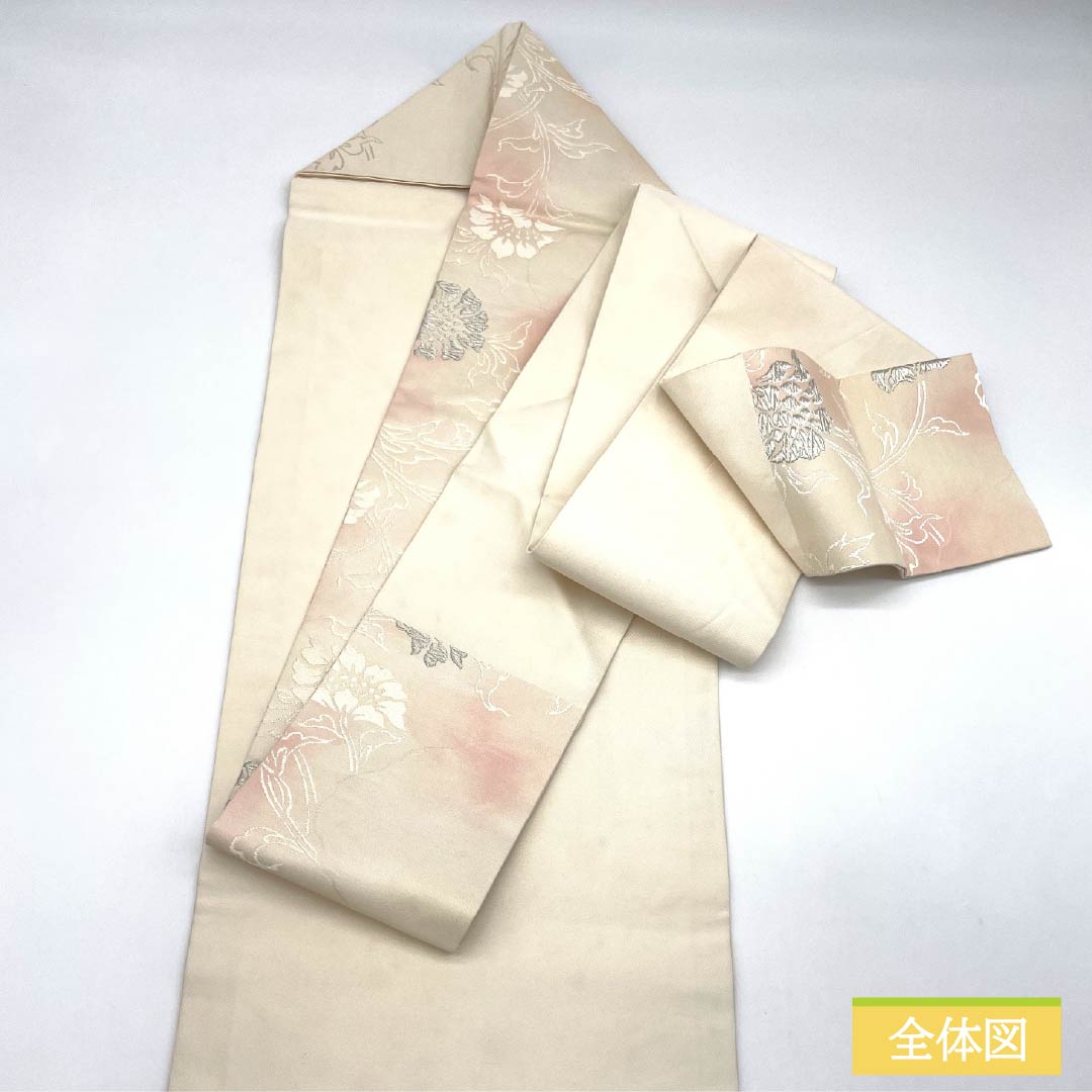 名古屋帯 正絹 Sランク 白練色（しろねりいろ） 洋花 帯丈353cm 六通 セミフォーマル 白系 1124009532311 名古屋仕立て