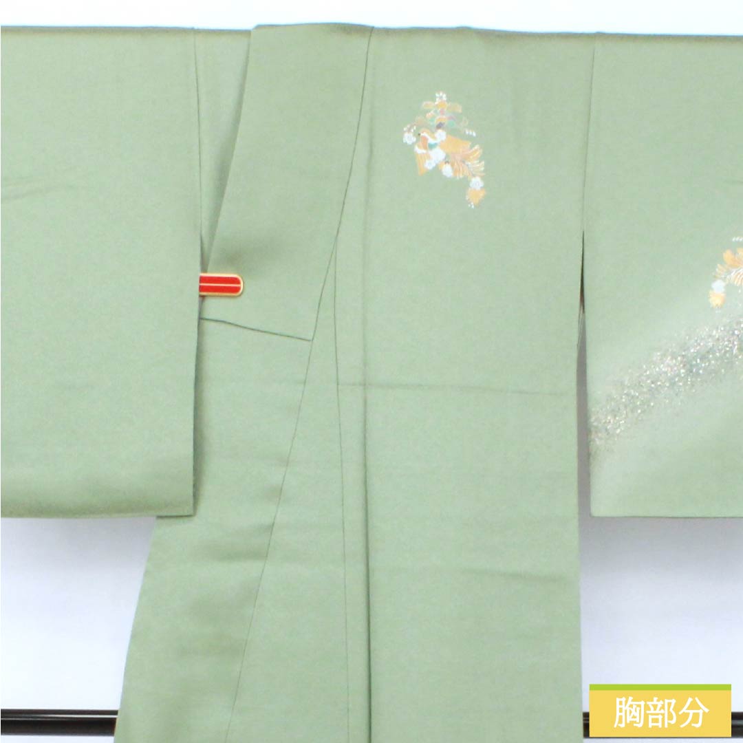 訪問着 正絹 Aランク 袷 身丈155cm 裄丈58.5cm 裏葉色（うらはいろ） 螺鈿煌彩 金彩加工 吉祥文様 丹後ちりめん 八丁水撚り 緑系 1112007423319