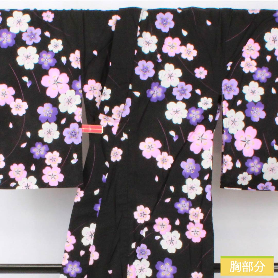 Cotton Yukata, Length 166.5cm, Sleeve Length 62.5cm, S Rank, Single Layer, Black, Cherry Blossom Design, 1118005932510