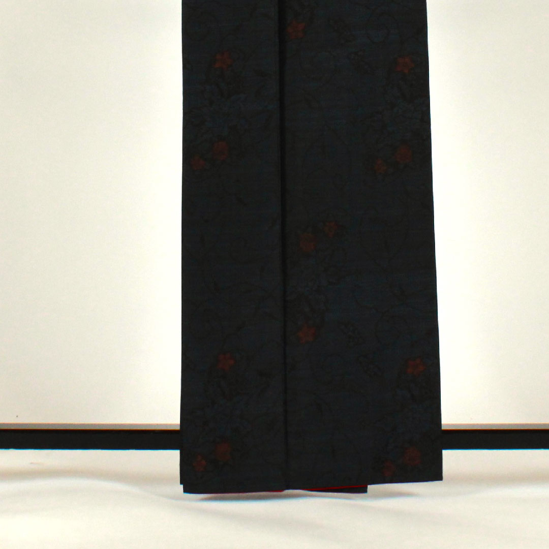 大島紬 身丈163.5cm 裄丈67cm 緯絣 草花模様 正絹 Sランク 袷 紺系 1116001142318