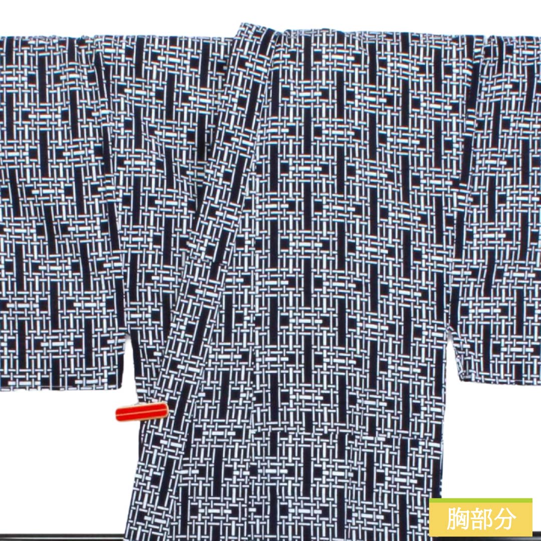メンズ浴衣 木綿 Sランク 身丈152cm 裄丈72.5cm 濃紺色（のうこんいろ） 幾何学模様 居敷当て付き 単衣 紺系 1138000842518