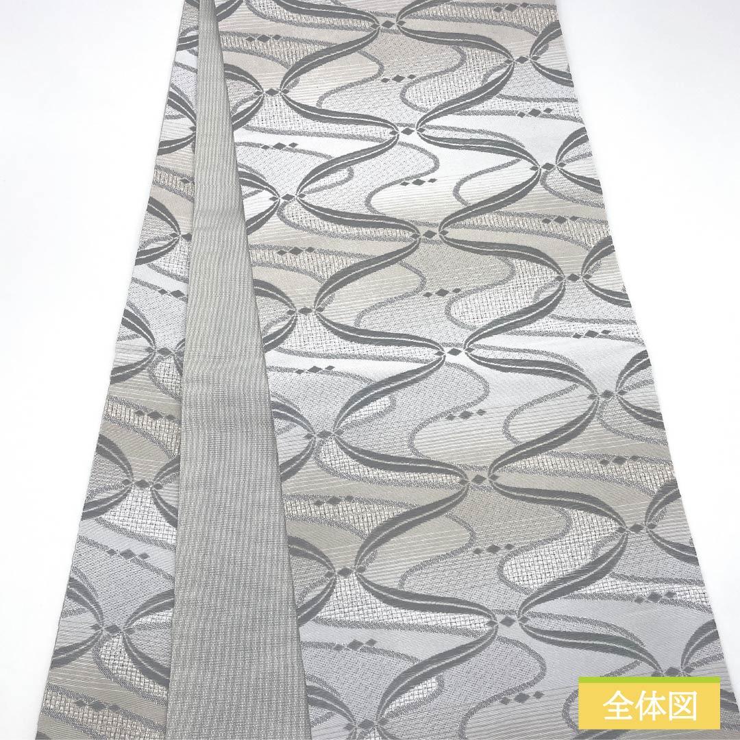 （京袋帯）名古屋帯 ポリエステル Sランク 白鼠色（しろねずいろ） 京袋帯 曲線  帯丈382cm 全通 カジュアル グレー系 1124010942422 開き仕立て