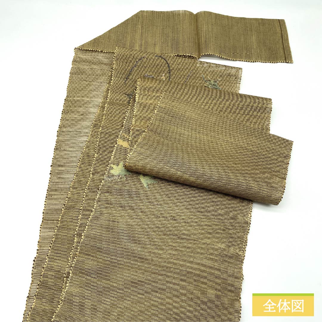 名古屋帯 正絹 藁色（わらいろ） 夏帯 紅葉 楓 帯丈355cm Sランク ポイント柄 セミフォーマル ベージュ系 1124008192325 松葉仕立て