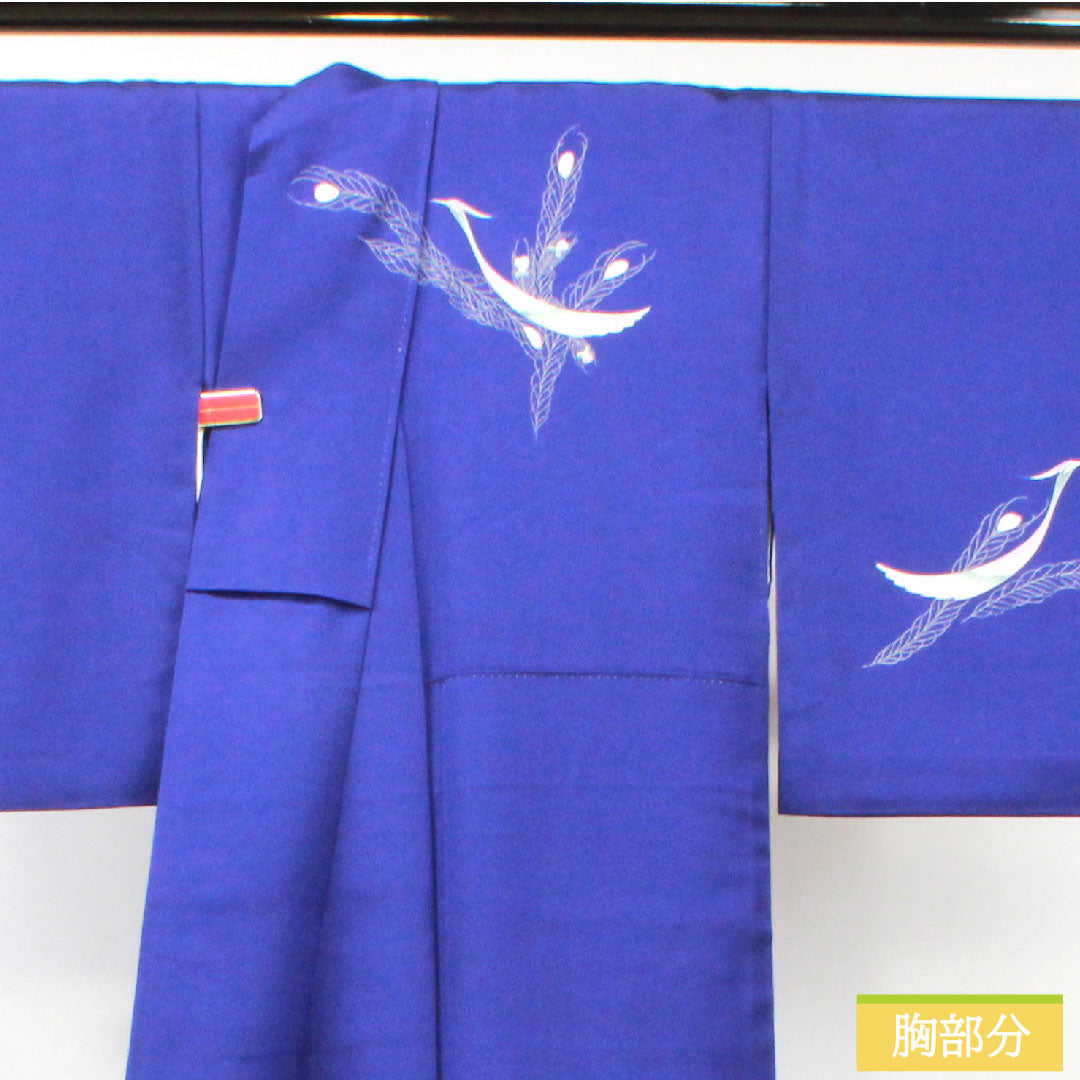 Homongi, pure silk, lined, length 161cm, sleeve length 65.5cm, bellflower color, Kyoto Yuzen, peacock, A rank, navy blue, 1112004353418