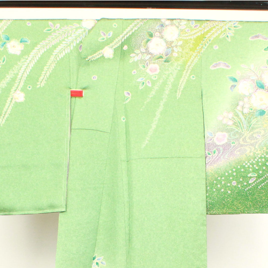 Homongi, lined, length 157.5cm, sleeve length 63cm, wasabi color, with basting thread, unused, Kyo-Yuzen, Tsujigahana, pure silk, S rank, green, 1112002702319